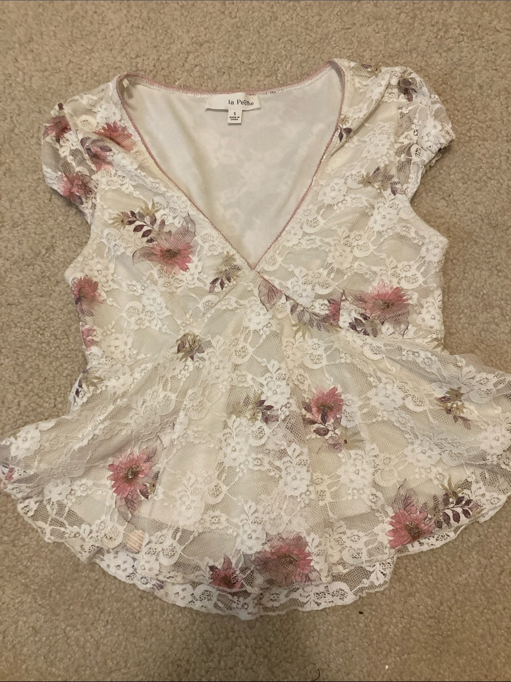 Cream Lace Peplum Blouse with Pink Floral Print